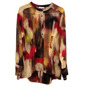 Calvin Klein Abstract Watercolor Print Sheer Button Up Shirt Blouse Womens Large